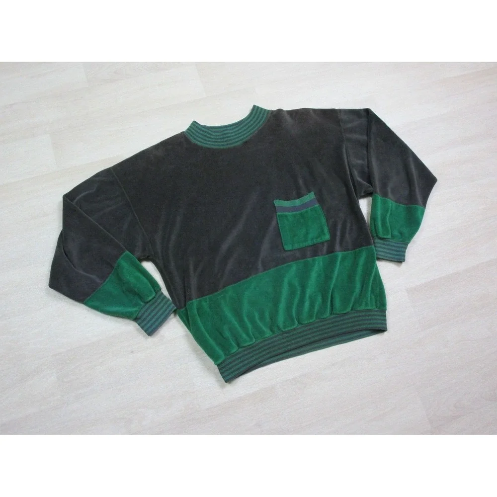 VTG VELOUR LONG SLEEVE POCKET SWEATER Green‎ Color-Block MEN'S (M) Grunge Rock